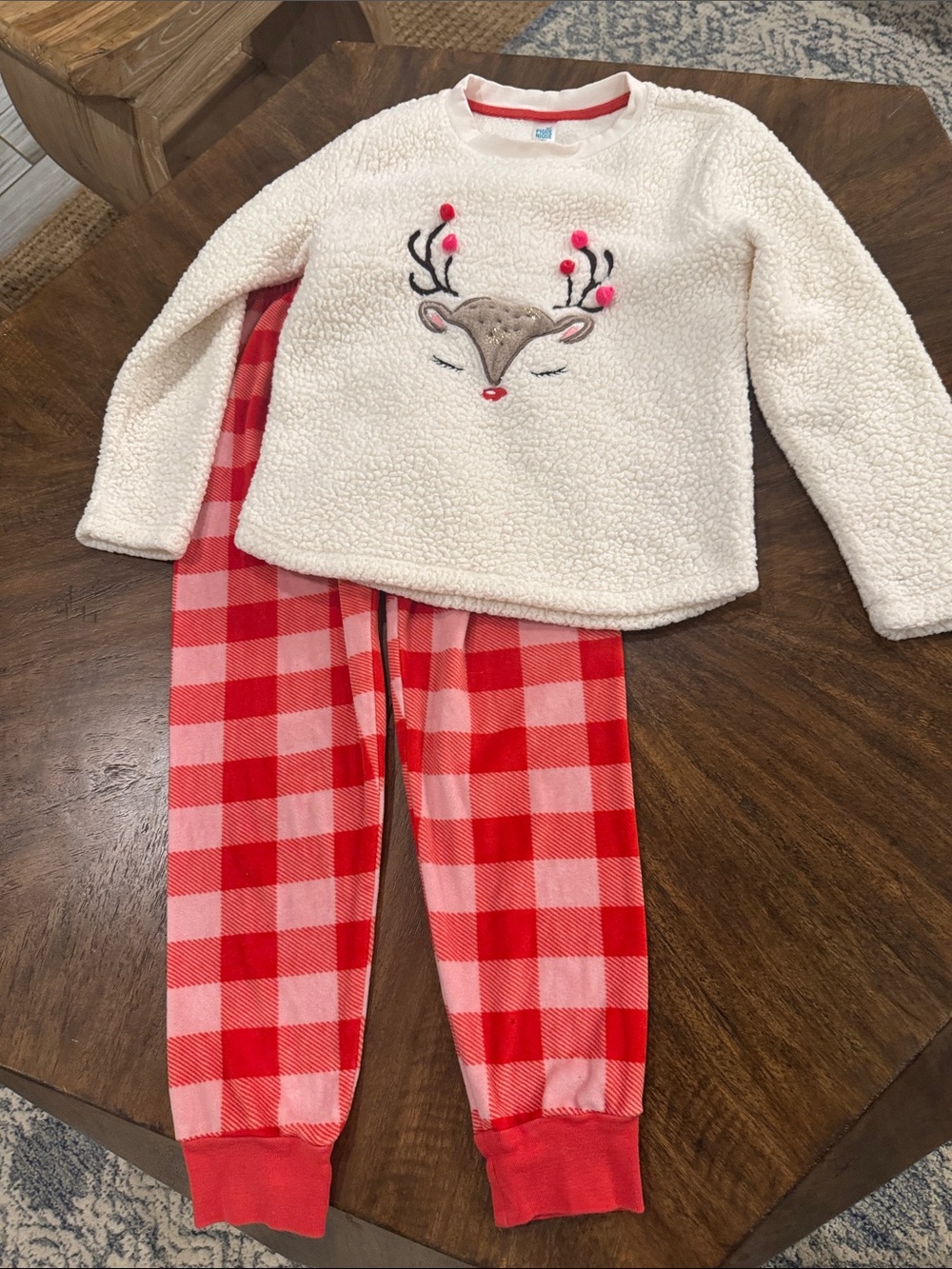 Cream Sherpa Reindeer Kids Pajama Set with Red Plaid Pants